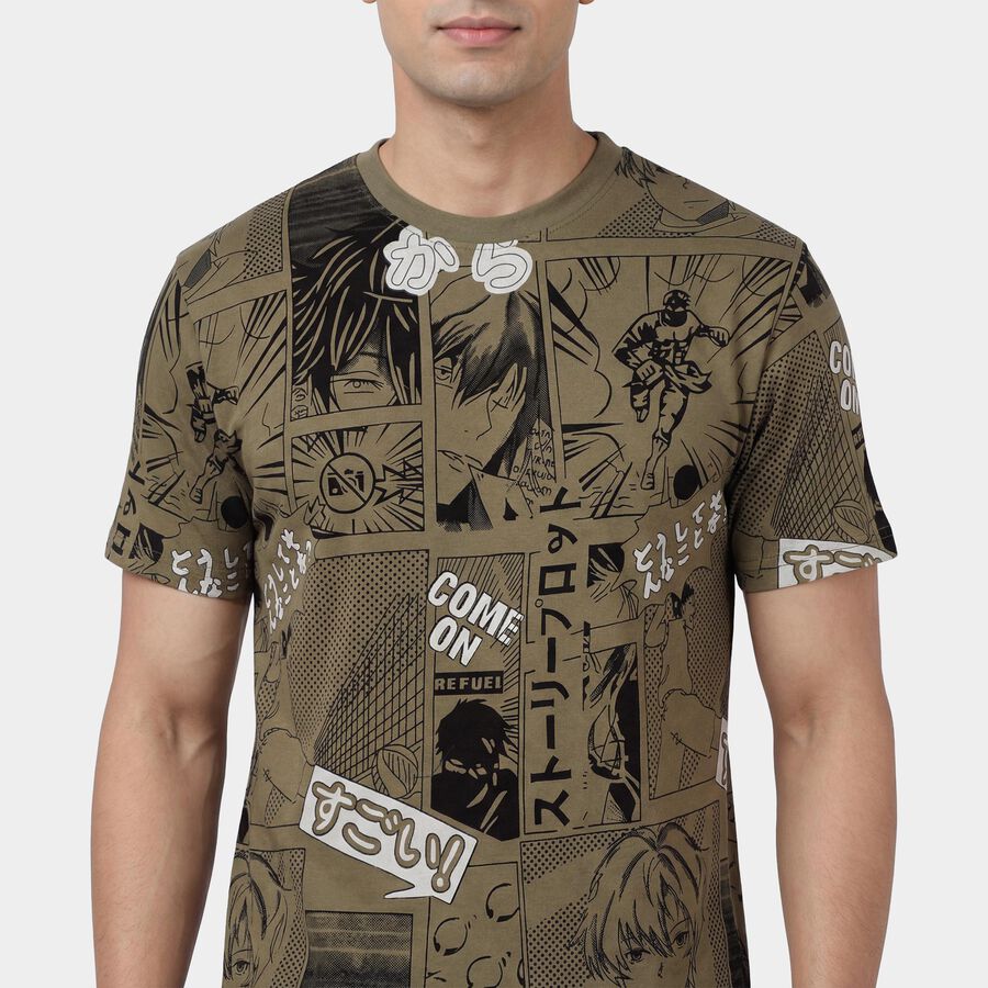 Men's Olive Cotton Round Neck Casual T-Shirt, ओलिव, large