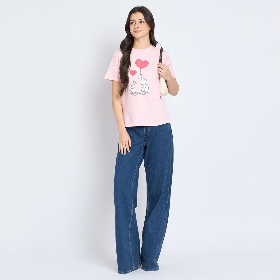 Ladies' 100% Cotton Round Neck T-Shirt, गुलाबी, large