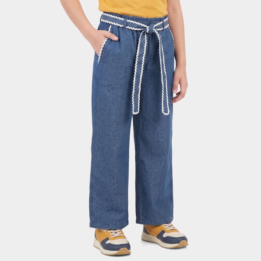 Girls' Blue Wide Leg Tie-Up Jeans, गहरा नीला, large