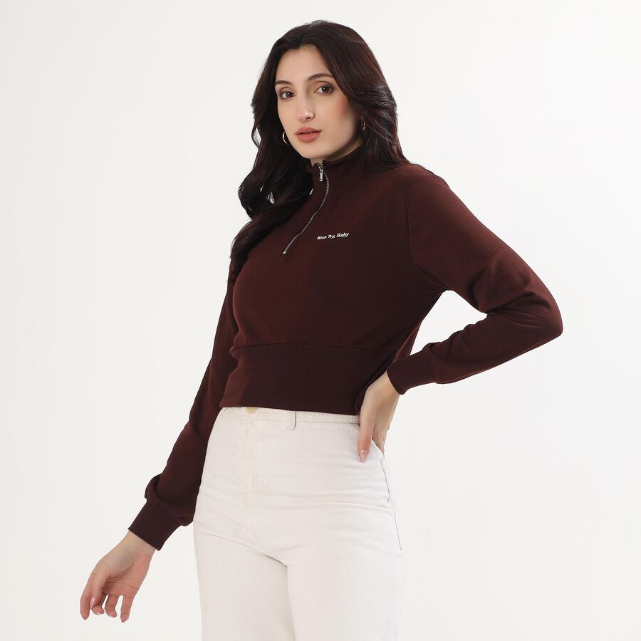 Women's Deep Brown High Neck Casual Sweatshirt, भूरा, large image number null