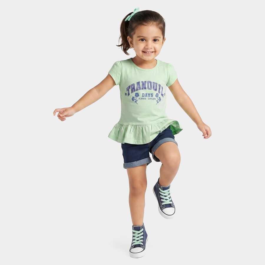 Girls' Mint Green Cotton Round Neck Regular T-Shirt, Light Green, large