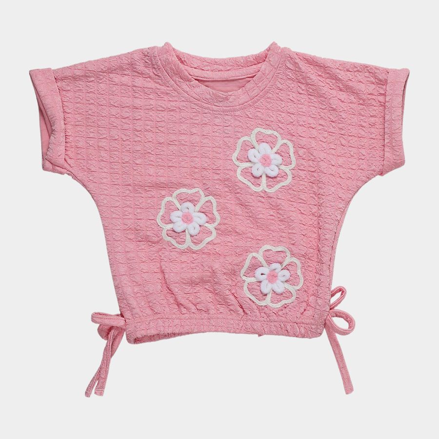 Girls' Pink Round Neck Casual T-Shirt, Light Pink, large