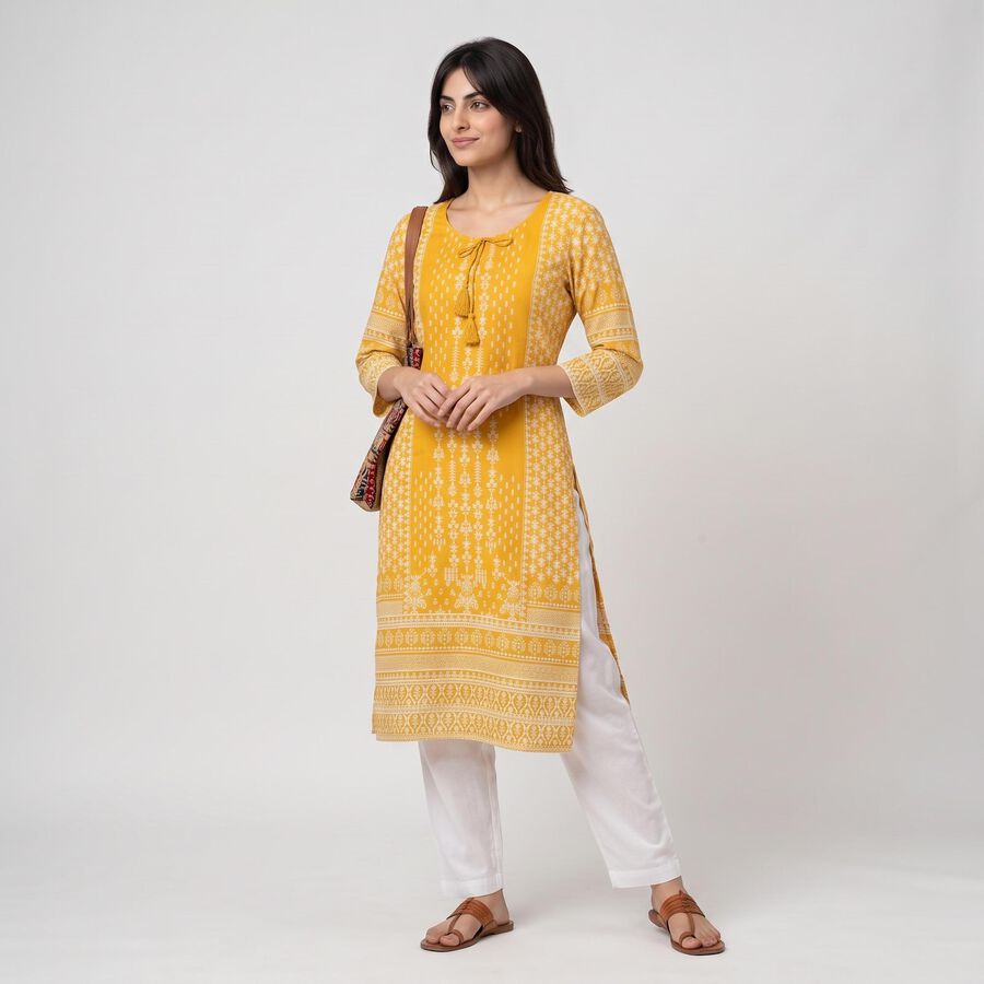 Women's Mustard Round Neck Printed Straight Kurta, Mustard, large