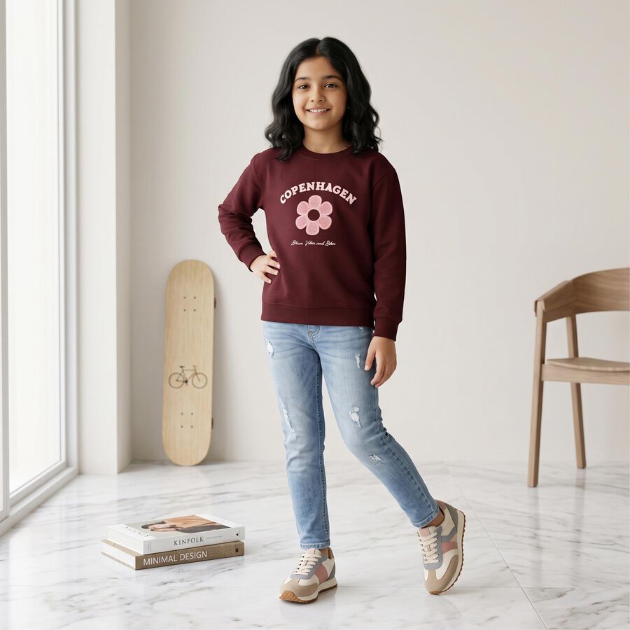 Girls' Wine Crew Neck Graphic Print Sweatshirt, Wine, large