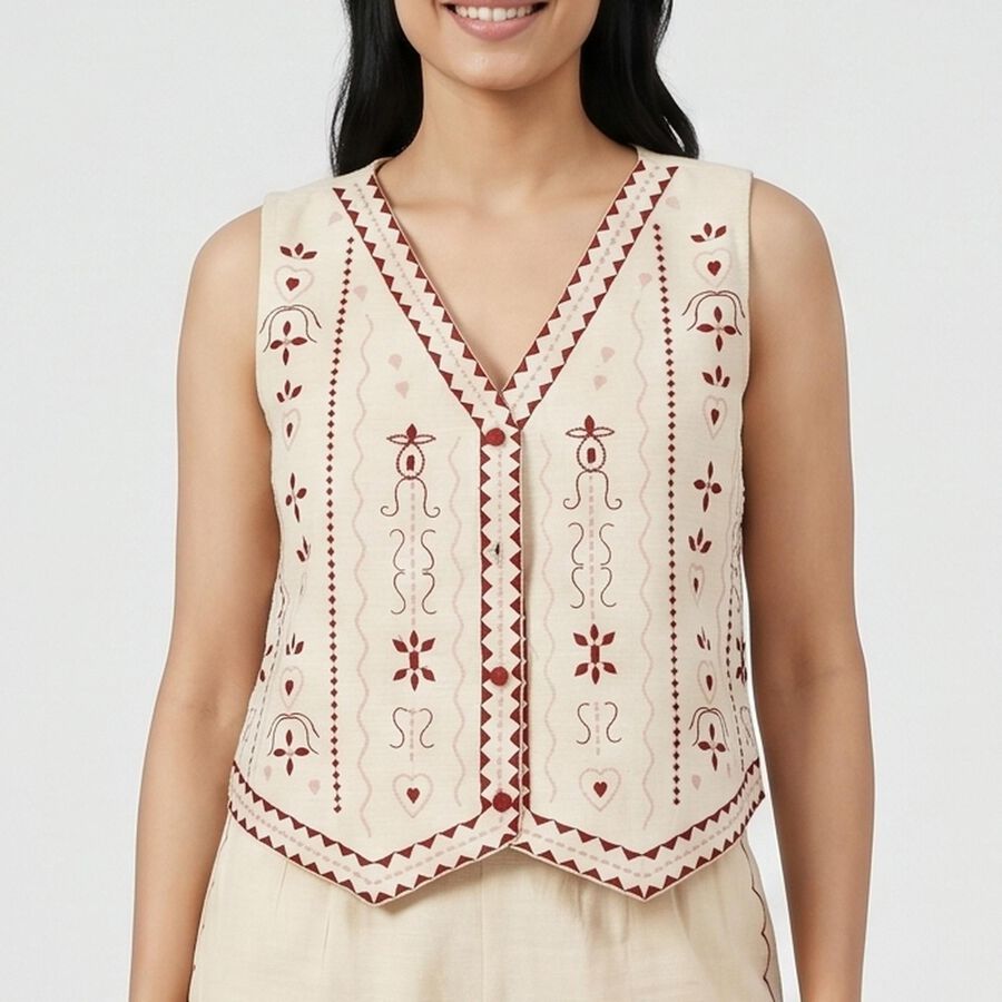 Women's Beige Embroidered Co-ord Set, Beige, large