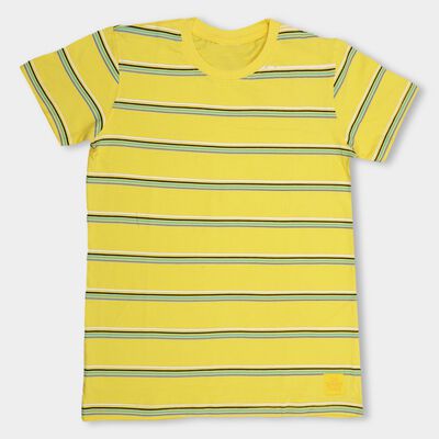 Boys' Yellow Cotton Round Neck Striped T-Shirt