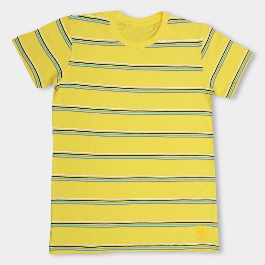 Boys' Yellow Cotton Round Neck Striped T-Shirt, मस्टर्ड, large image number null