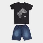 Boys' Black Cotton Round Neck Printed Baba Suit, Charcoal, small image number null