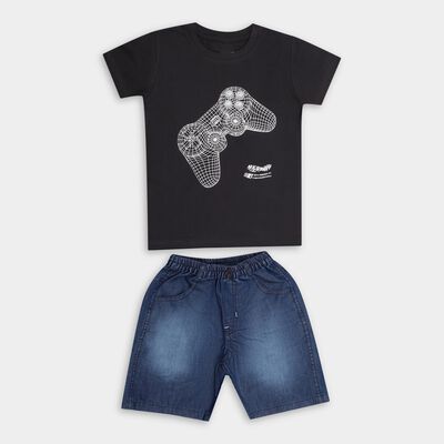 Boys' Black Cotton Round Neck Printed Baba Suit