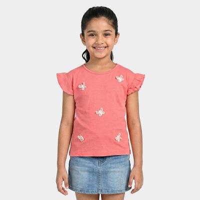 Girls Pink Cotton Round Neck Regular T-Shirt