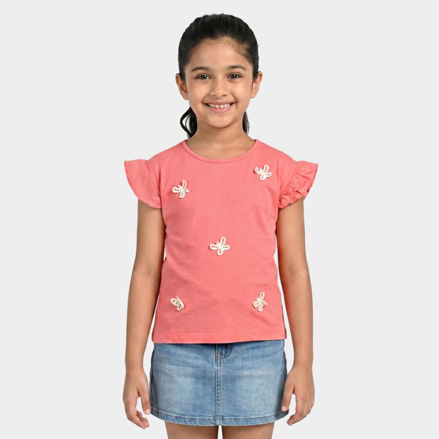 Girls Pink Cotton Round Neck Regular T-Shirt, Pink, large
