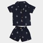 Infants' Navy Blue Cotton Collar Neck Anchor Printed Baba Suit, Navy Blue, small
