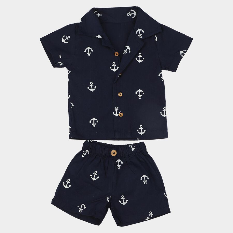 Infants' Navy Blue Cotton Collar Neck Anchor Printed Baba Suit, Navy Blue, large