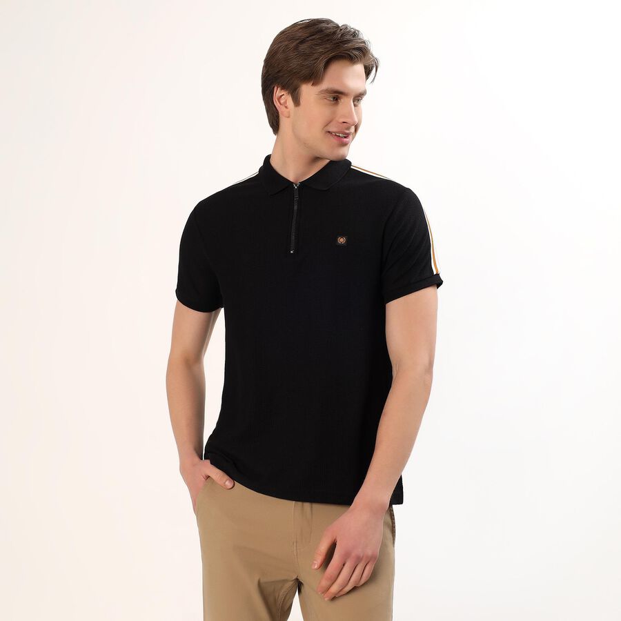 Men's Jet Black Polo Collar Casual T-Shirt, Black, large