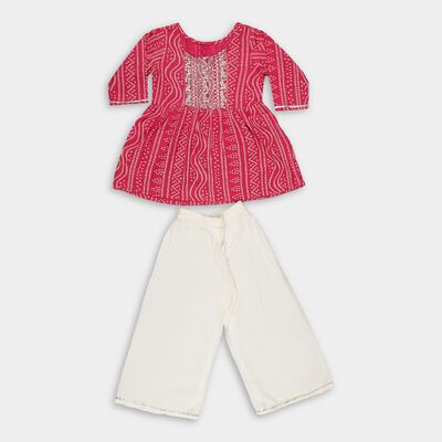 Girls Bright Pink Embroidered Top and Cream Palazzo Fusion Set
