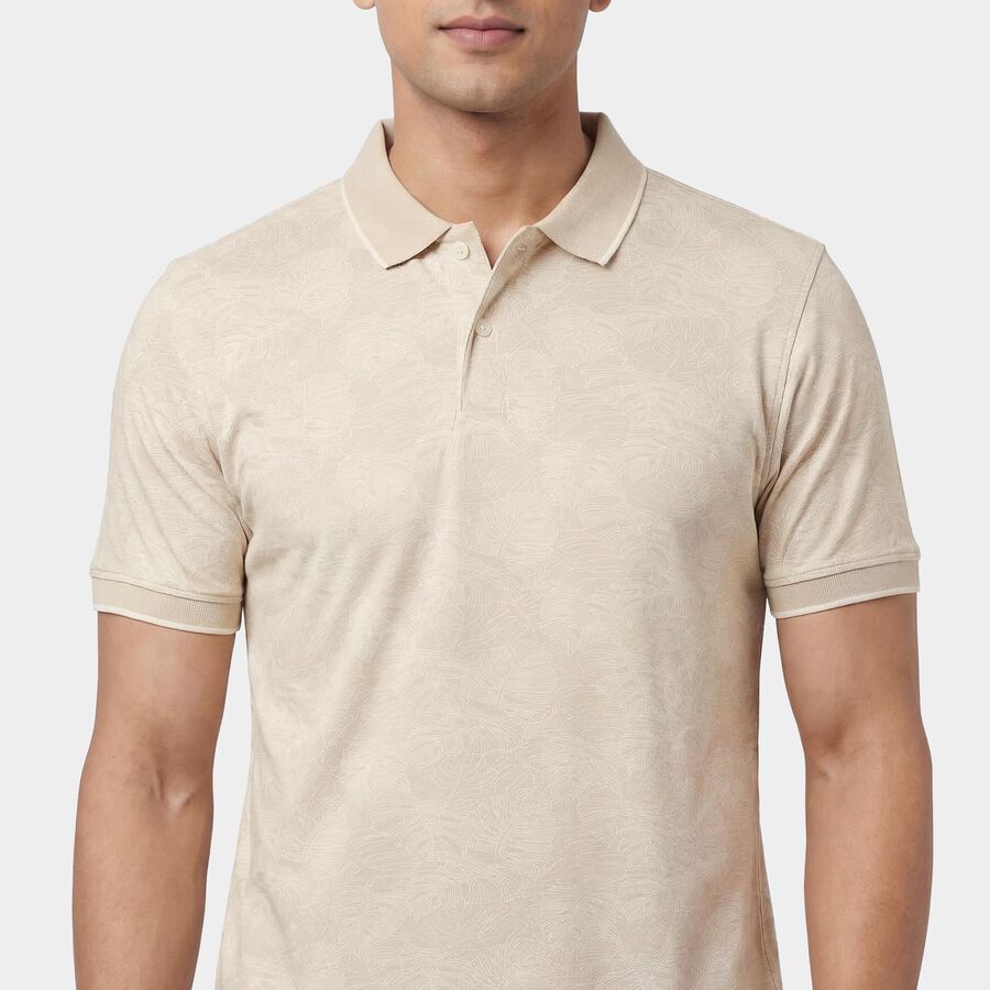 Men's Beige Cotton Polo Neck Solid Polo T-Shirt, गहरा पीला, large