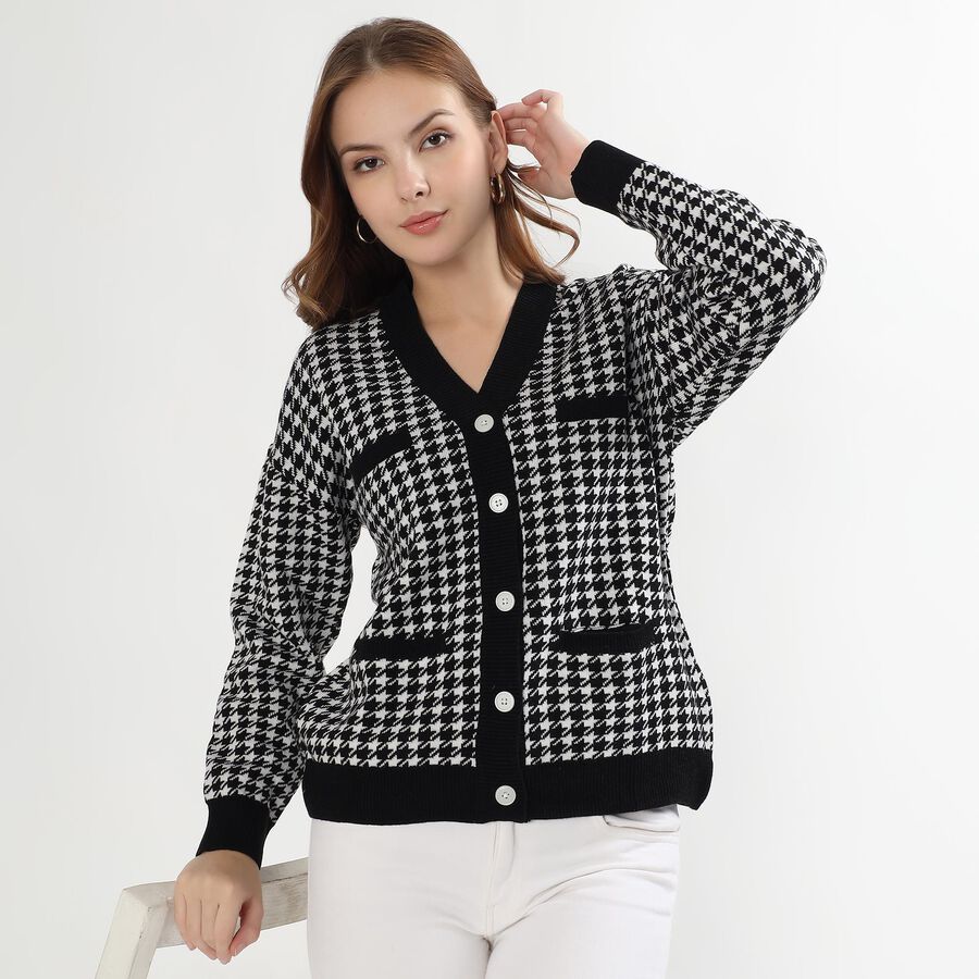 Women's Black and White V-Neck Classic Cardigan, Black, large image number null