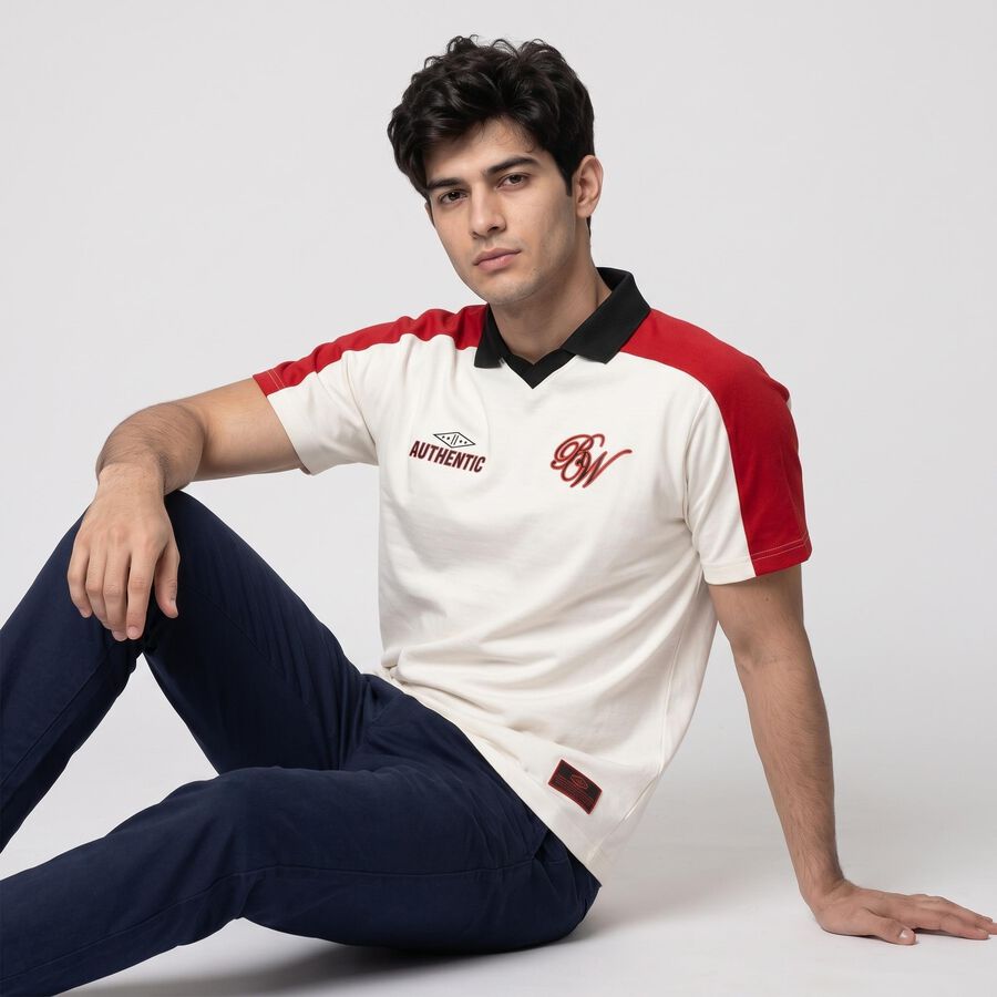 Men's White Polo Neck Graphic Print T-Shirt, Off White, large