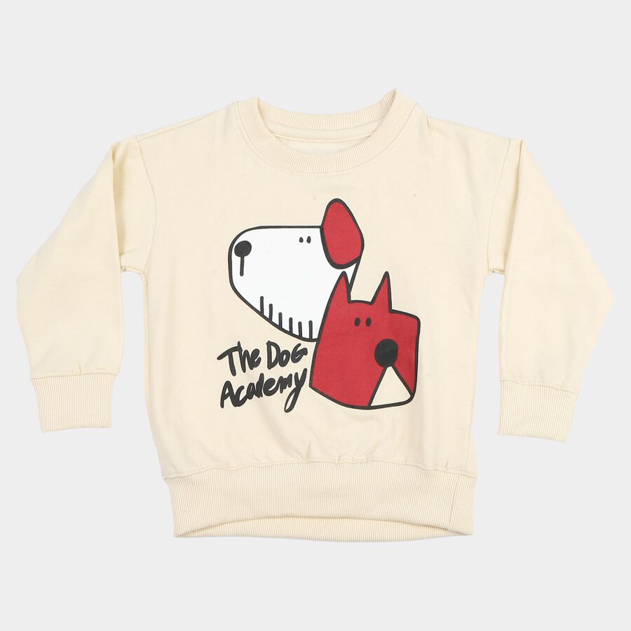 Boys' Beige Crew Neck Graphic Print Sweatshirt, गहरा पीला, large