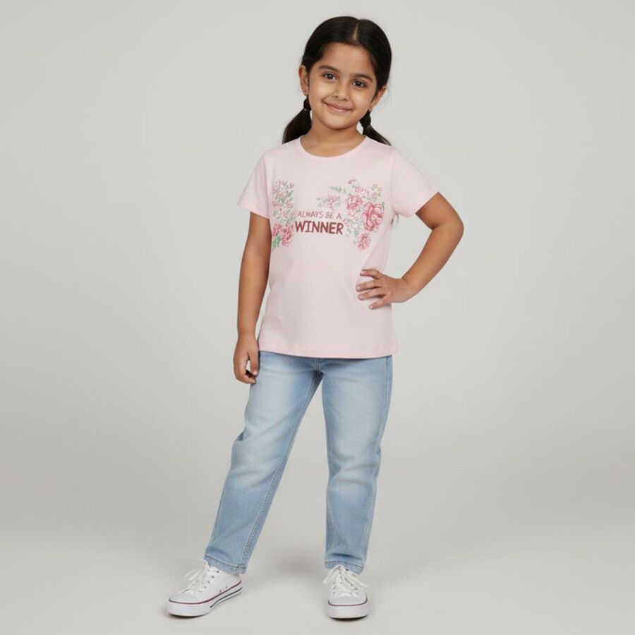 Girls Light Pink Cotton Round Neck Casual T-Shirt, हल्का गुलाबी, large image number null