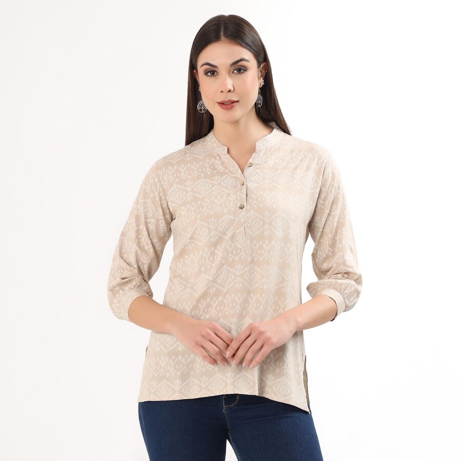 Women's Light Beige Round Neck Solid Kurti, Beige, large