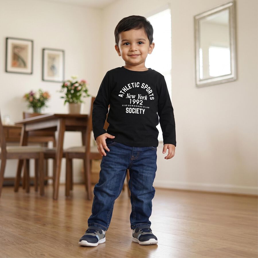 Boys' Black Round Neck Regular T-Shirt, काला, large