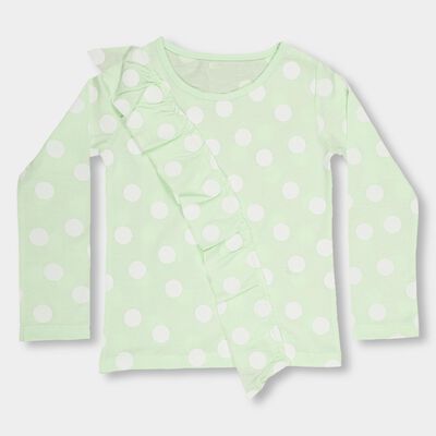 Girls' Light Sage Green Cotton Round Neck Ruffle Sleeve Polka Dot Top