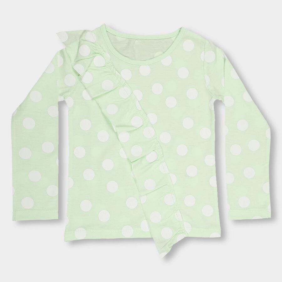 Girls' Light Sage Green Cotton Round Neck Ruffle Sleeve Polka Dot Top, हल्का हरा, large image number null