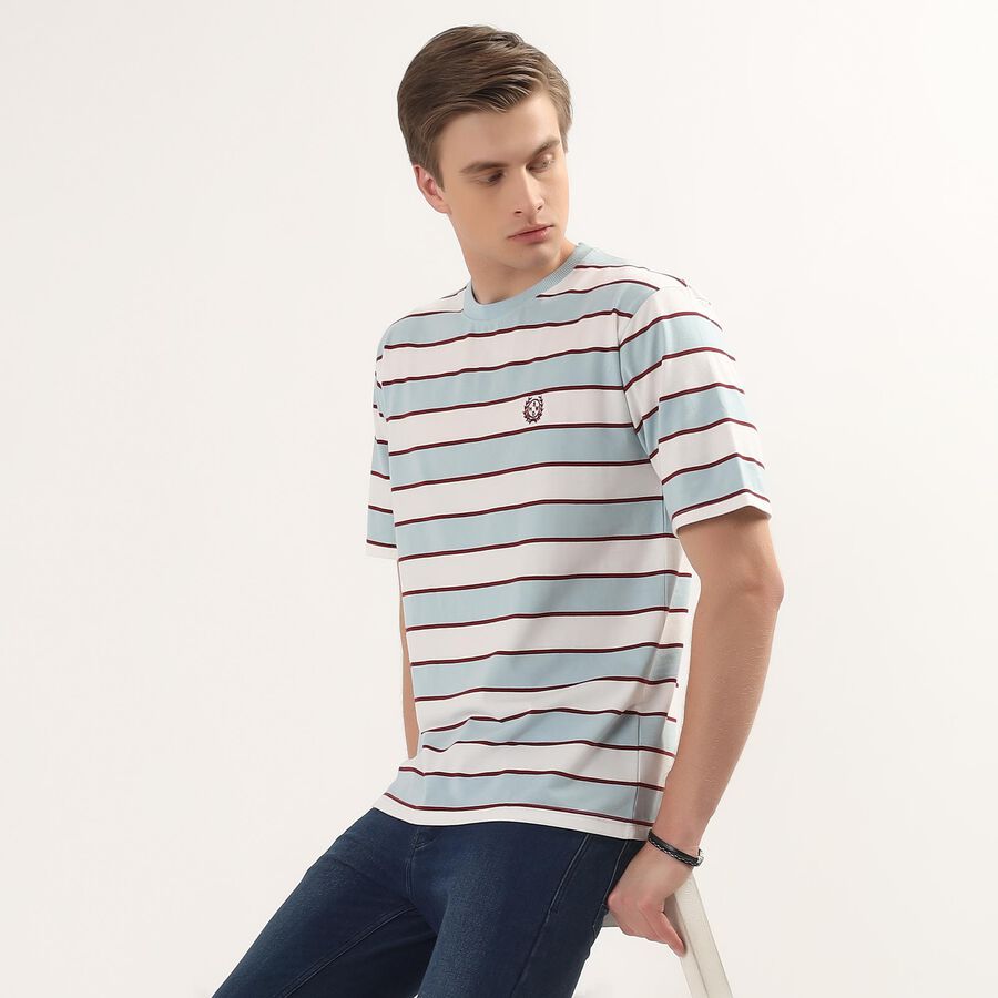 Men's White Round Neck Striped T-Shirt, White, large