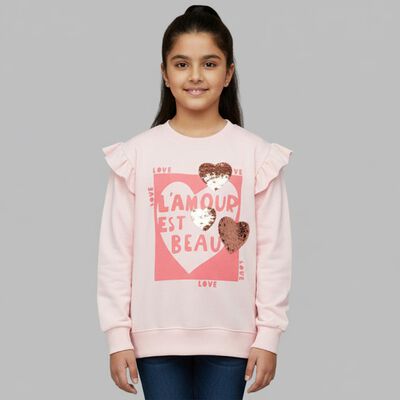 Girls Light Pink Crew Neck Ruffle Sleeve Graphic Sweatshirt