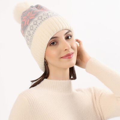 Women's Cream and Grey Snowflake Knitted Beanie Cap