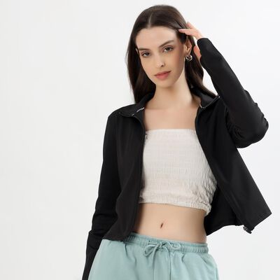 Women's Jet Black High Neck Casual Jacket