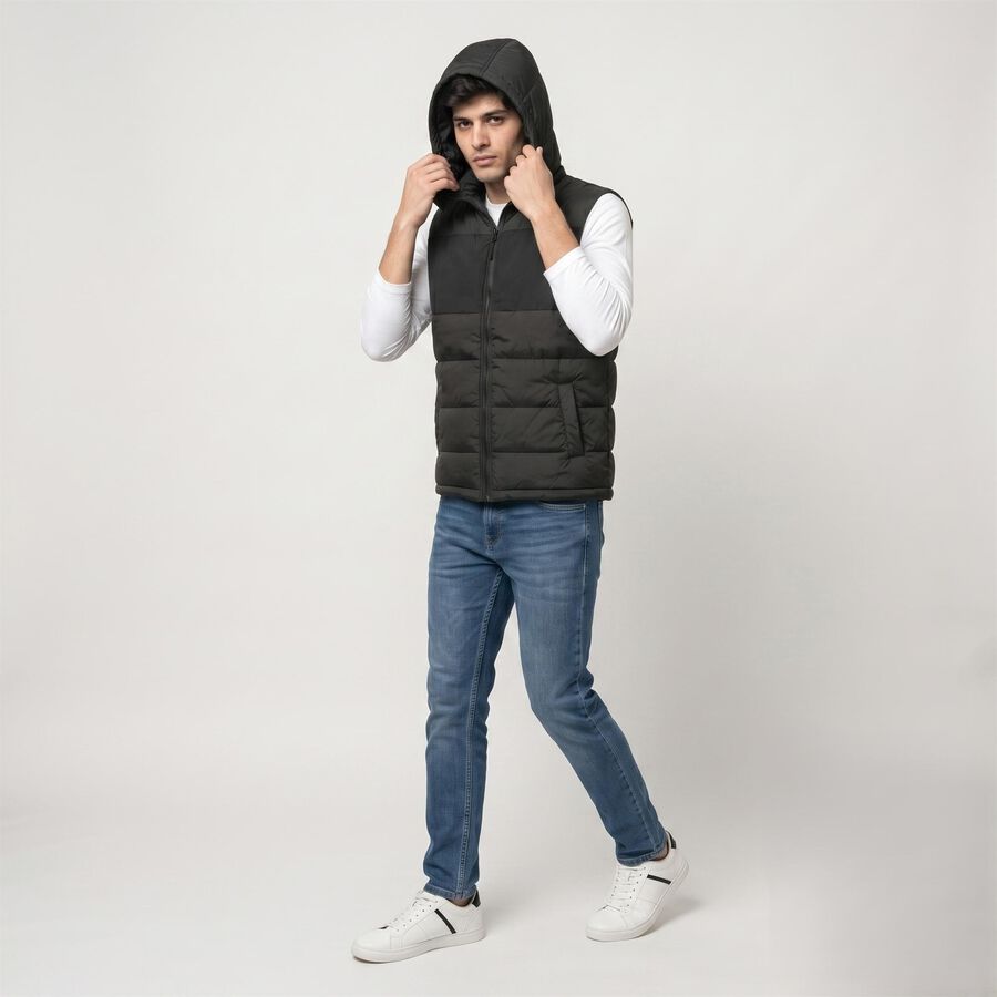 Men's Black Hooded Puffer Jacket, Black, large