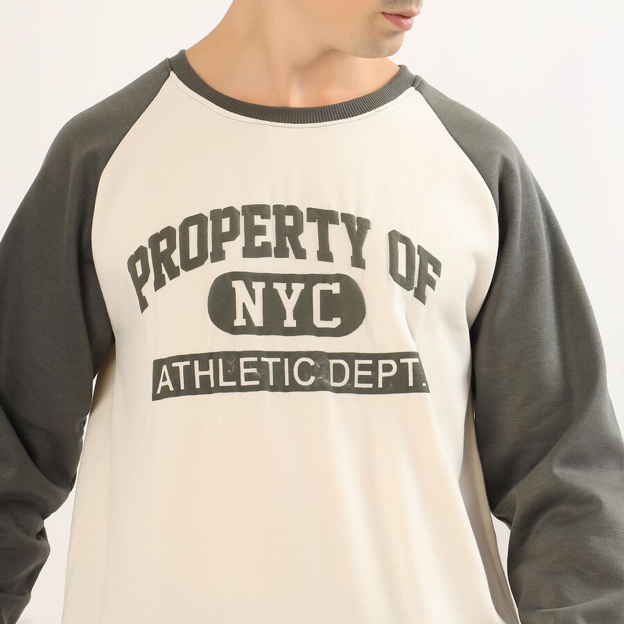 Men's White and Olive Green Crew Neck Casual Sweatshirt, Off White, large image number null