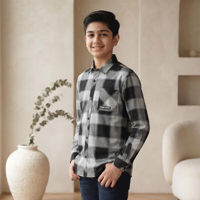 Boys Black Cotton Checked Shirt
