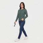Women Green Round Neck Button-Front Cardigan, Dark Green, small