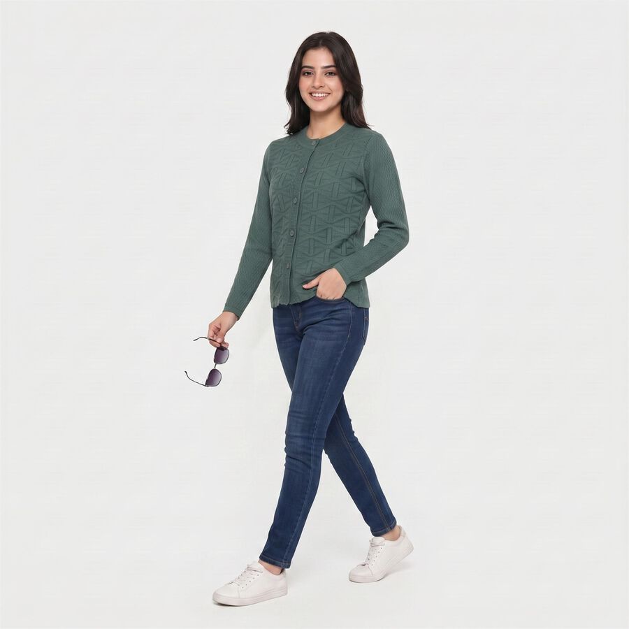 Women Green Round Neck Button-Front Cardigan, Dark Green, large