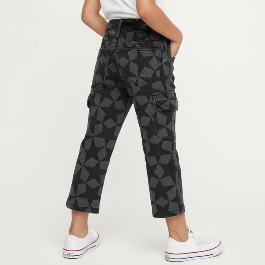 Girls' Dark Charcoal Black Cargo Fit Geometric Print Jeans, Black, large image number null