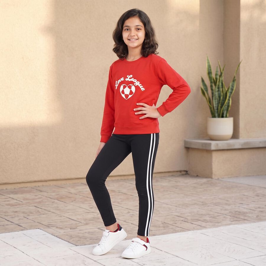 Girls' Red Crew Neck Graphic Print Sweatshirt, लाल, large