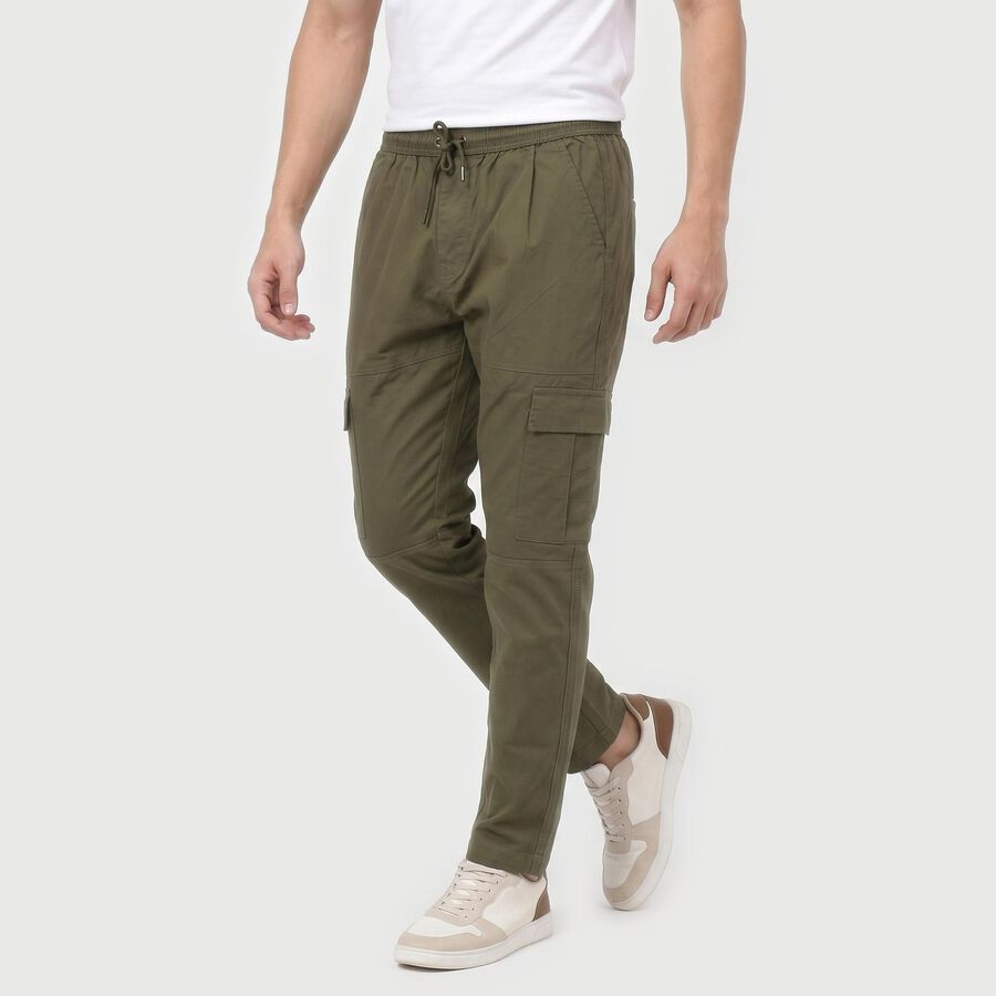 Men's Olive Green Slim Fit Cargo Trousers, Olive, large