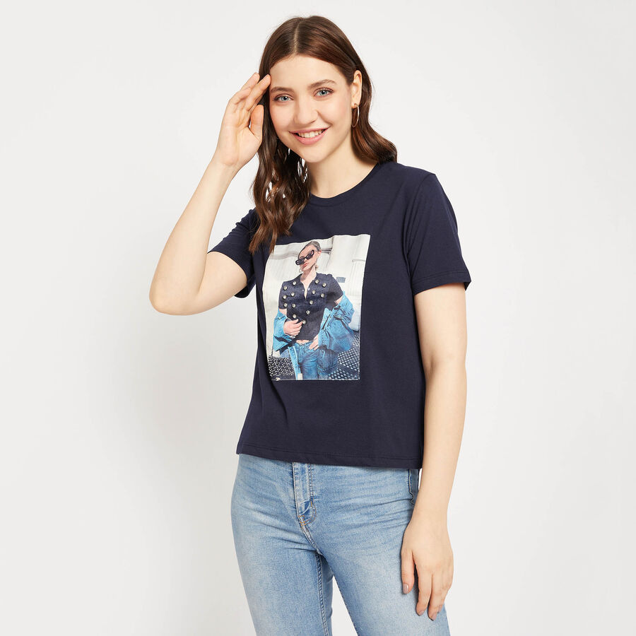 Embellished Round Neck T-Shirt, Navy Blue, large image number null