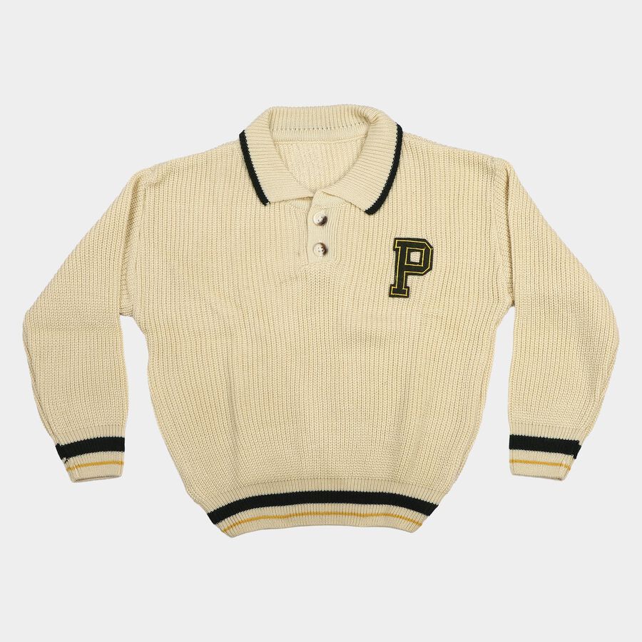 Boys' Cream Polo Collar Long Sleeve Pullover, ऑफ व्हाइट, large