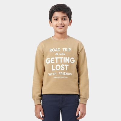 Boys' Beige Crew Neck Graphic Print Sweatshirt