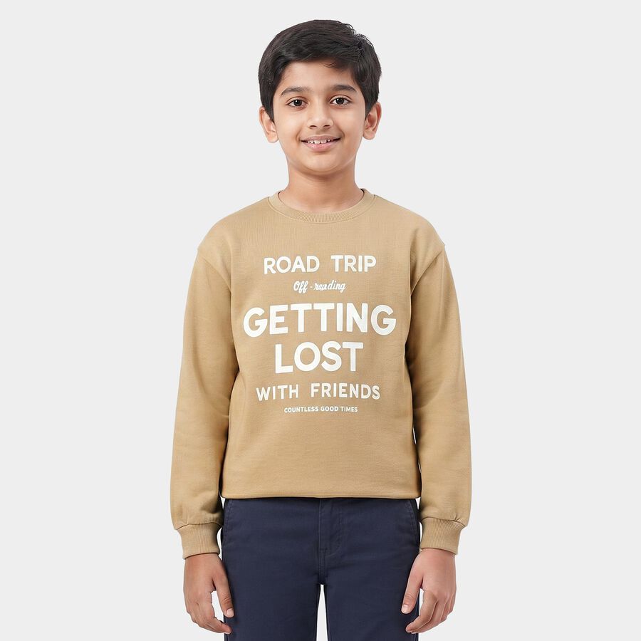 Boys' Beige Crew Neck Graphic Print Sweatshirt, गहरा पीला, large