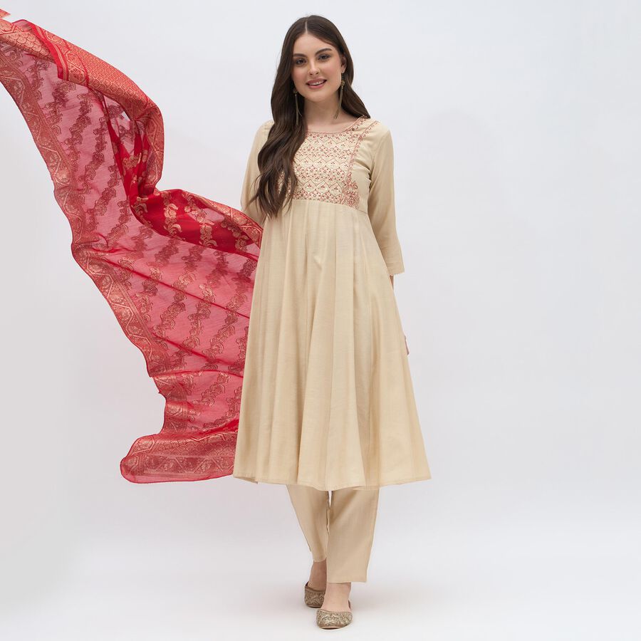 Women's Beige Embroidered Ethnic Set, Beige, large image number null