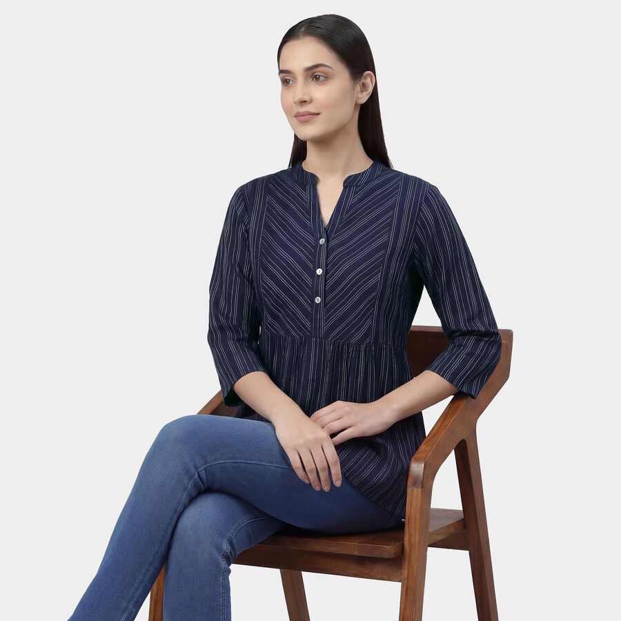 Women's Navy Blue Round Notch Neck Floral Printed Kurti, Navy Blue, large