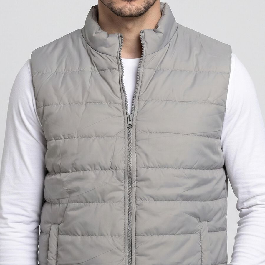 Men's Grey Stand Collar Puffer Jacket, Light Grey, large