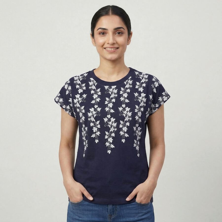 Women's Navy Blue Round Neck Casual T-Shirt, Navy Blue, large