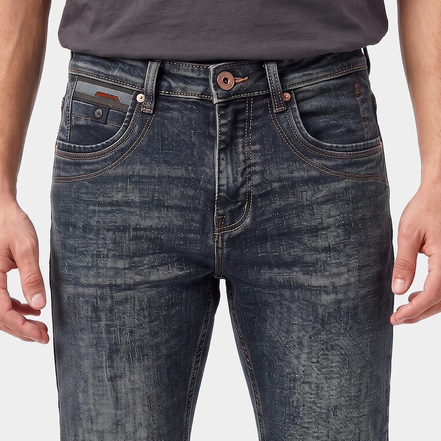 Men's Navy Blue Slim Fit Washed Jeans, Dark Blue, large