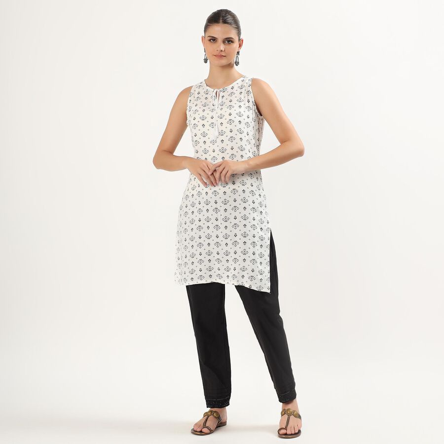 Women's Ivory Tie-Up Neck Floral Printed Kurta, ऑफ व्हाइट, large image number null